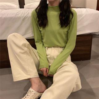 Plain Long-sleeve Semi High-neck Top