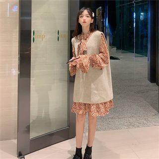 Set : Floral Dress + Vest Sweater Dress