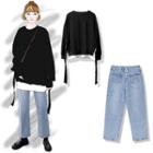 Mock Two-piece Long-sleeve T-shirt / Cropped Straight-fit Jeans