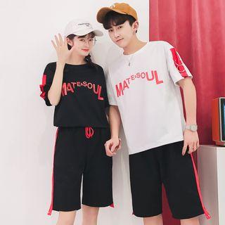 Couple Set: Lettering Short-sleeve T-shirt + Shorts