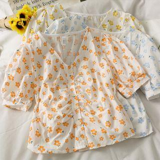 Puff-sleeve Printed V-neck Crop Shirt