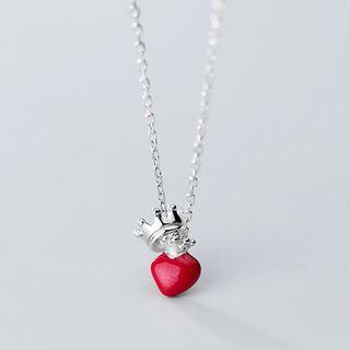 925 Sterling Silver Heart & Crown Pendant Necklace S925 Silver - Necklace - One Size