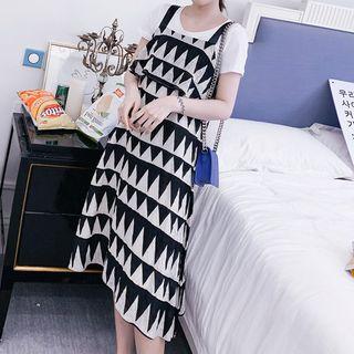Set: Short-sleeve T-shirt + Pattern Midi A-line Pinafore Dress