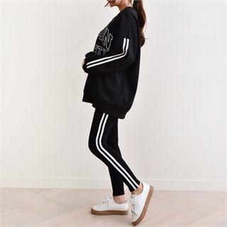 Set: Drop-shoulder Lettering Sweatshirt + Stripe-trim Leggings