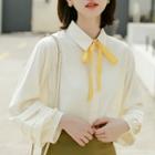 Lantern-sleeve Bow Accent Shirt White - One Size
