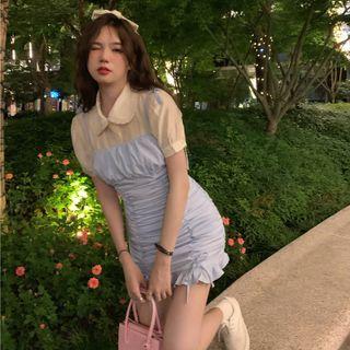 Short-sleeve Plain Shirt / Ruffle Hem Mini Overall Dress