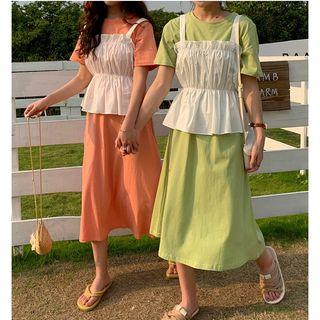 Set: Short-sleeve Midi T-shirt Dress + Sleeveless Peplum Top