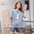 Short-sleeve Cat Print T-shirt Blue - M