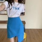 Short Sleeve Lettering Print T-shirt / Asymmetric High-waist A-line Skirt