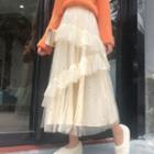 Glitter Layered A-line Midi Mesh Skirt Almond - One Size