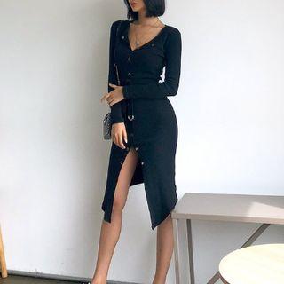 Snap-button Ribbed Midi Bodycon Dress