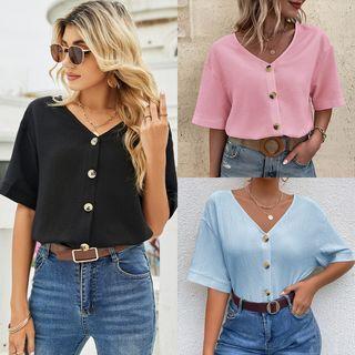Short-sleeve V-neck Plain Button-up Top