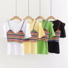 Set: Short-sleeve T-shirt + Spaghetti Strap Rainbow Top