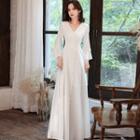 Long-sleeve V-neck A-line Evening Gown