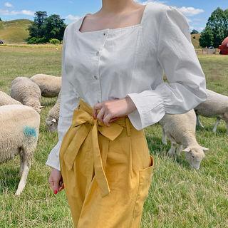 Square-neck Bell-cuff Shirred Blouse