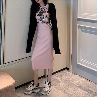 Lettering Top / Pencil Midi Skirt / Knit Cardigan