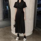 Short-sleeve Tie-waist Pleated Plain Dress Black - One Size