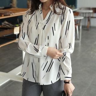 Open-placket Faux-pearl Patterned Shirt