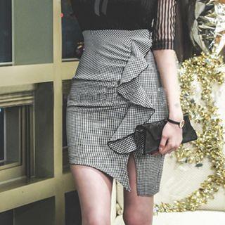 Ruffled Checked Fitted Mini Skirt