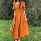 Short-sleeve Square-neck Midi A-line Dress Tangerine - One Size