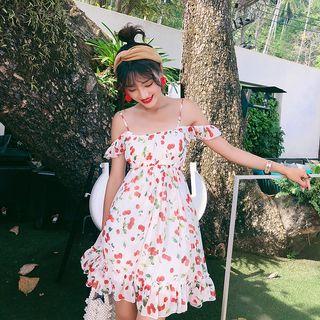 Cutout-shoulder Cherry Printed A-line Mini Dress