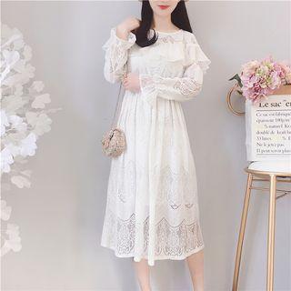 Long-sleeve Frill-trim Lace Midi Dress