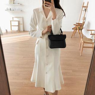 Notched-lapel Ruffle-hem Shirtdress