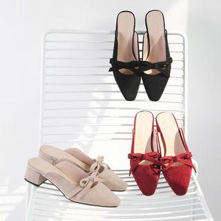 Faux Suede Bow Accent Block Heel Mules