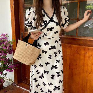 Short-sleeve Bow Print Midi A-line Dress White - One Size