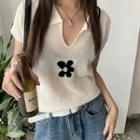 Floral Knit Polo Shirt Black Flower - White - One Size