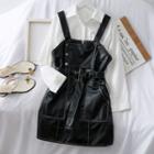 Set: Loose-fit Plain Shirt + Faux-leather Sleeveless Dress With Belt