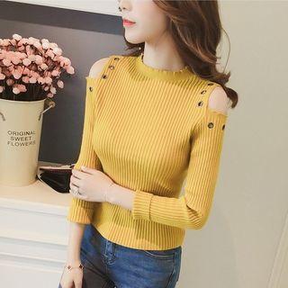 Grommet Cold-shoulder Ribbed Knit Sweater