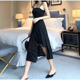 Spaghetti-strap Asymmetric A-line Dress Black - One Size