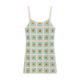 Spaghetti-strap Crochet Knit Mini A-line Dress Green & Pink & Yellow - One Size
