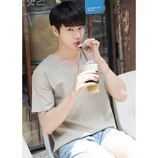 Notched-neckline Linen Blend T-shirt