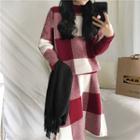 Set: Check Mock Neck Sweater + A-line Midi Skirt