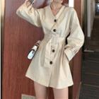 V-neck Long-sleeve A-line Dress Almond - One Size