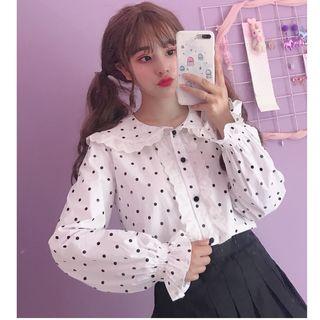 Frill Trim Dotted Blouse Dotted - White - One Size