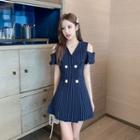 Short-sleeve Cold Shoulder Striped Double Breasted A-line Mini Dress