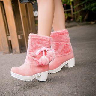 Pompom Chunk Heel Short Snow Boots