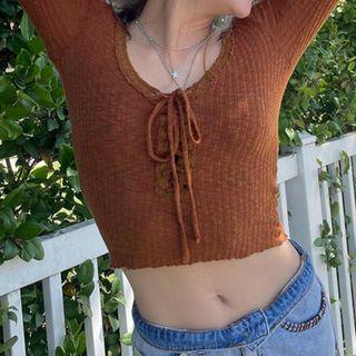 Long Sleeve Tie-front Ribbed-knit Crop Top