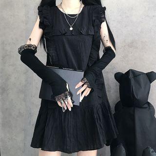 Ruffled Sleeveless Mini A-line Dress / Oversleeves / Set