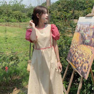 Short-sleeve Midi A-line Dress Almond & Pink - One Size
