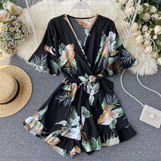 Short-sleeve Leaf Print Romper