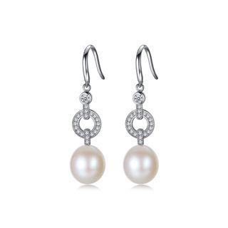 Sterling Silver Simple And Elegant Geometric Round White Freshwater Pearl Earrings With Cubic Zirconia Silver - One Size