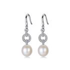Sterling Silver Simple And Elegant Geometric Round White Freshwater Pearl Earrings With Cubic Zirconia Silver - One Size