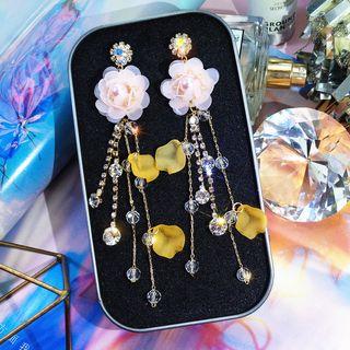 Acrylic Flower Rhinestone Fringed Earring 1 Pair - Light Pink & Gold - One Size