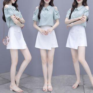 Set: Cold Shoulder Striped Shirt + Mini Skirt