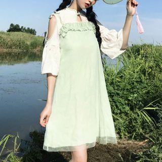 Cut Out Shoulder Elbow Sleeve T-shirt / Frill Trim Spaghetti Strap Dress