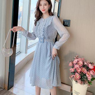 Ruffled Long-sleeve Midi A-line Chiffon Dress